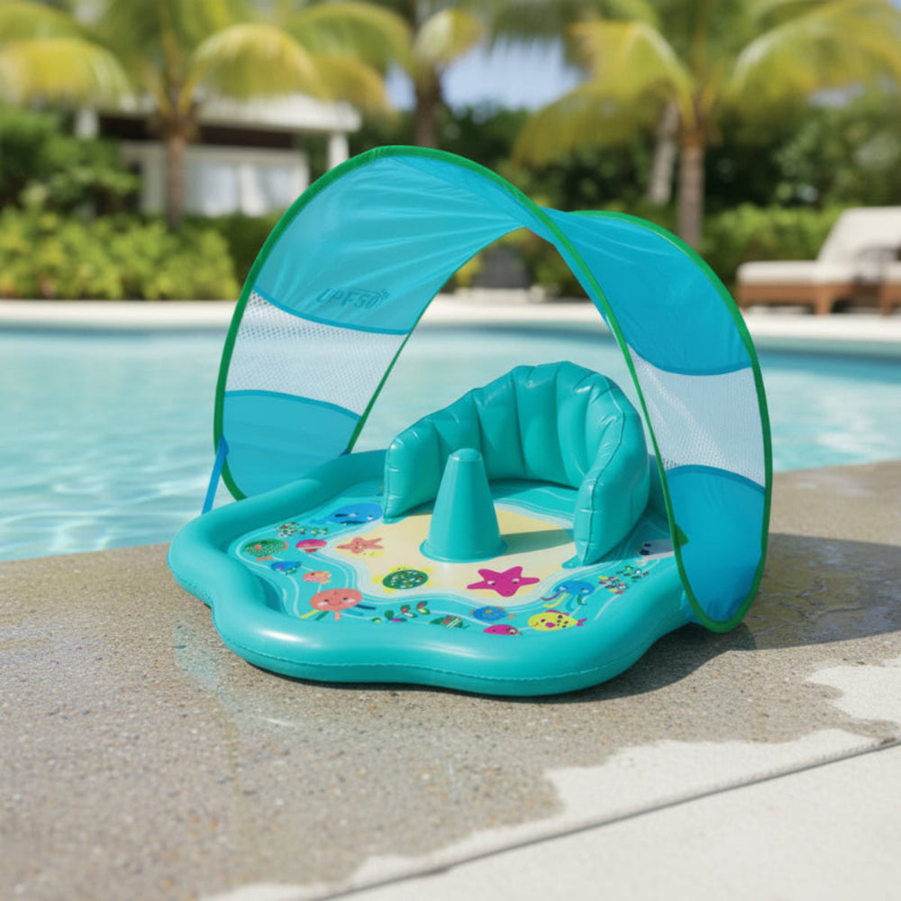 Baby Zwembad met Zonnescherm (UPF 50) – Opblaasbaar Waterspeelbad met Stapelringen