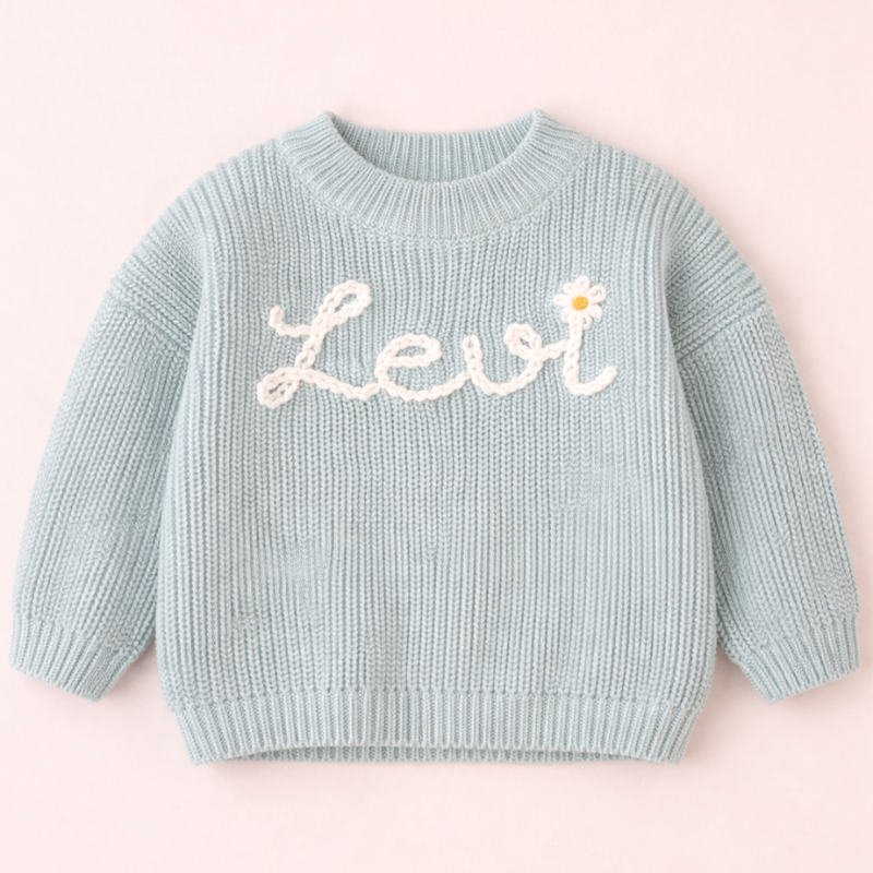 Kindertrui met naam en kerstboomprint – geborduurd, katoen, ronde hals | kersttrui baby