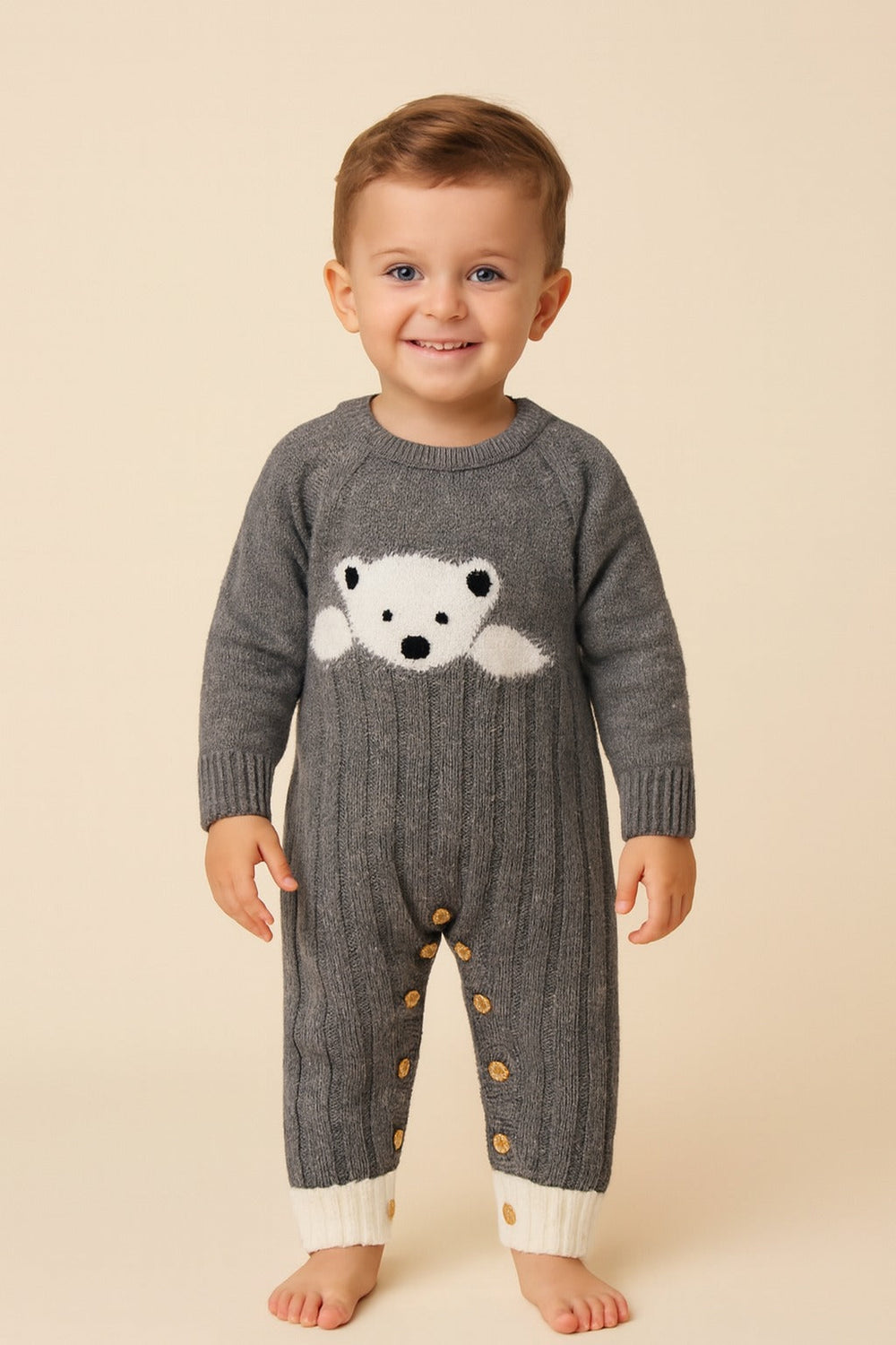 Warme Teddybeer Baby Romper Jumpsuit – 100% Biologisch Gebreid Katoen