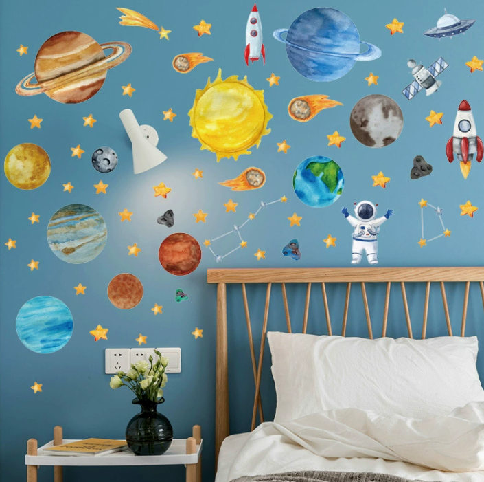 Kinderkamer Behang Ruimte – Sterren & Planeten Muurdecoratie | Veilig & Makkelijk Aanbrengen