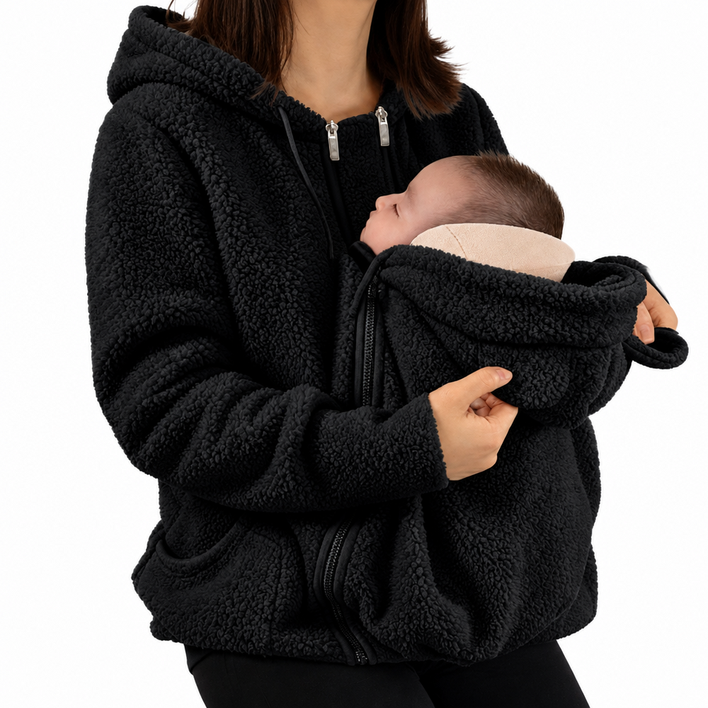Draagjas 2-in-1 voor mama en baby – zachte fleece, capuchon, rits, zakken | babywearing hoodie
