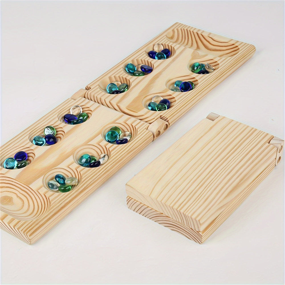 BrainStones – Luxe Draagbaar Mancala Reisspel voor Familie, Kinderen en Strategieliefhebbers – Educatief, Compact en Hoogwaardig Houten Bord met 48 Glazen Stenen