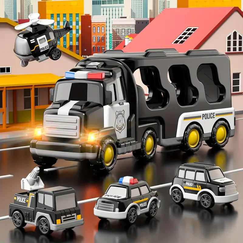Politie Vrachtwagen Speelgoed – Wrijvingstruck met Auto’s & Helikopter (Peuters)
