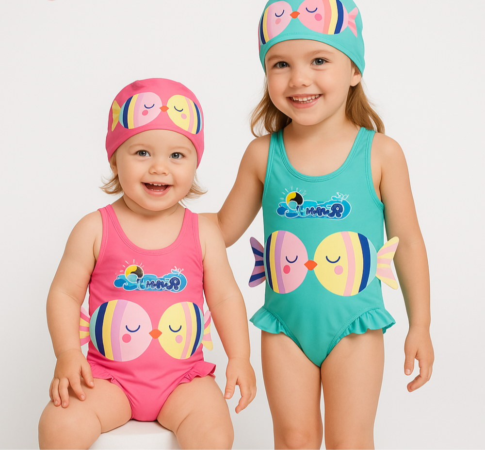 Zacht & Sneldrogend Meisjes Badpak met Zwemcap – Comfortabel & Speels Design | SunnySplash Zwemset 0-4 Jaar