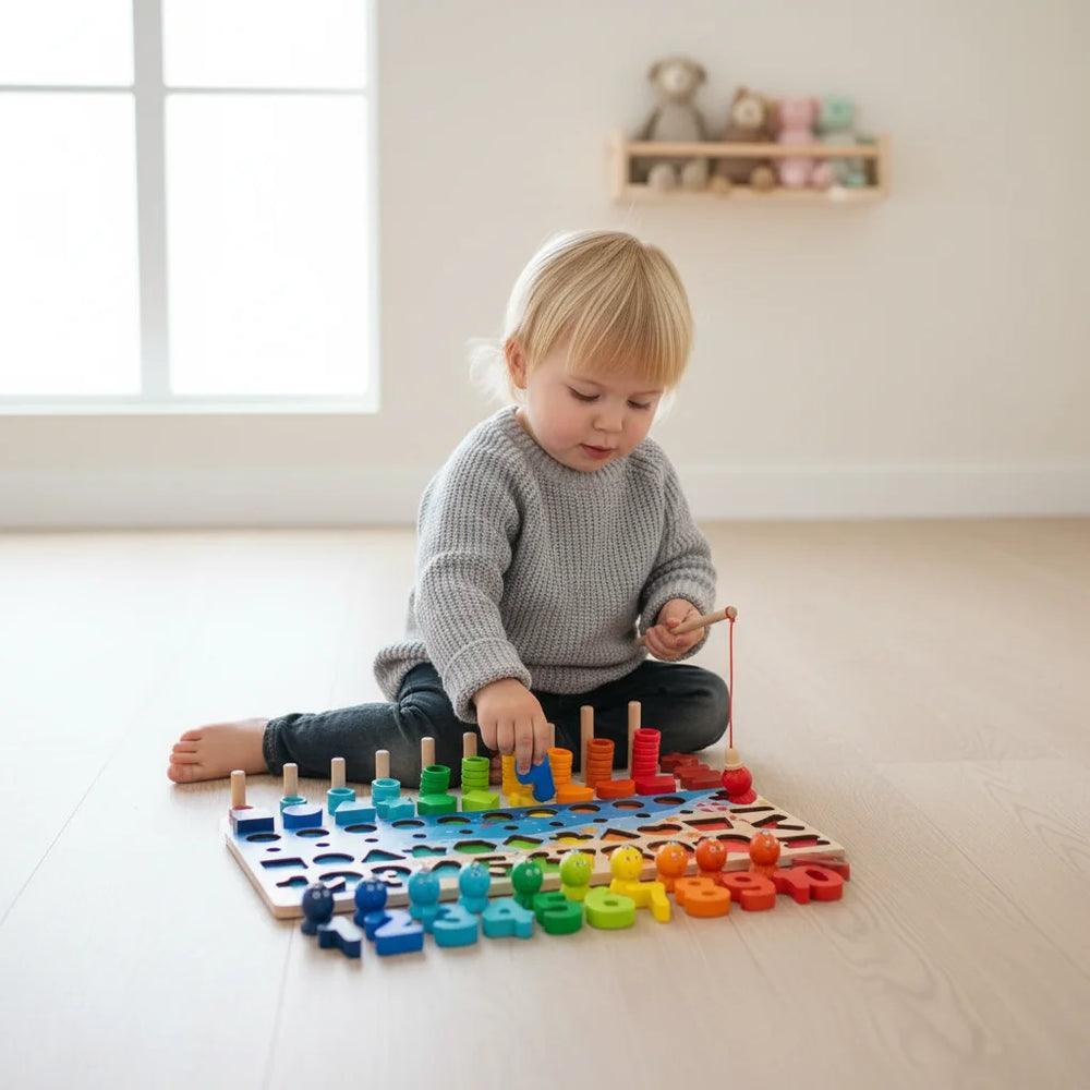 Montessori Houten Speelbord – Educatief Sensorisch Speelgoed van Beukenhout | Leren Rekenen, Alfabet & Visjes Vangen voor Kinderen 2+