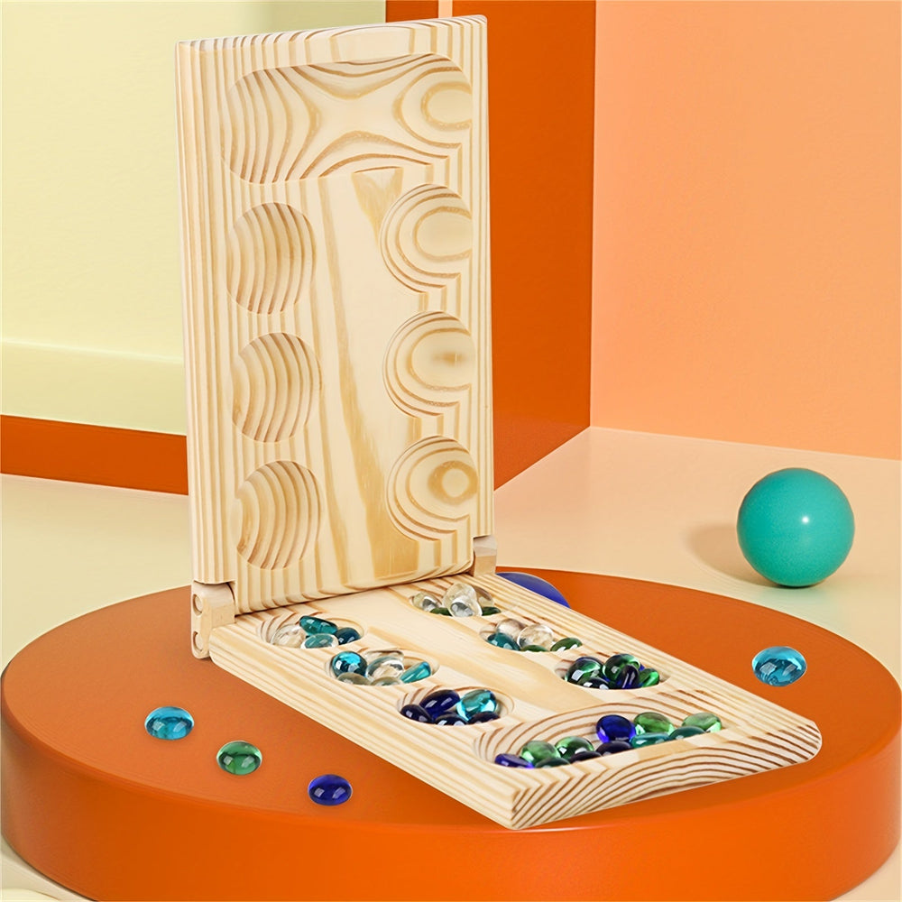 BrainStones – Luxe Draagbaar Mancala Reisspel voor Familie, Kinderen en Strategieliefhebbers – Educatief, Compact en Hoogwaardig Houten Bord met 48 Glazen Stenen