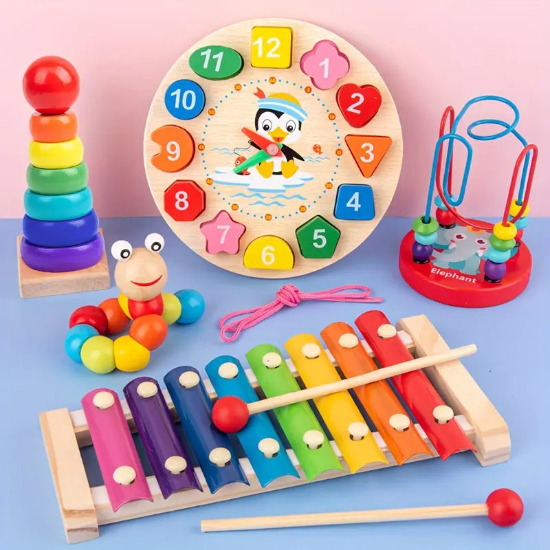 BrightBaby 5-in-1 Montessori Houten Speelset – Educatief Speelgoed voor Baby’s vanaf 6 Maanden – Motoriek, Muziek & Probleemoplossing