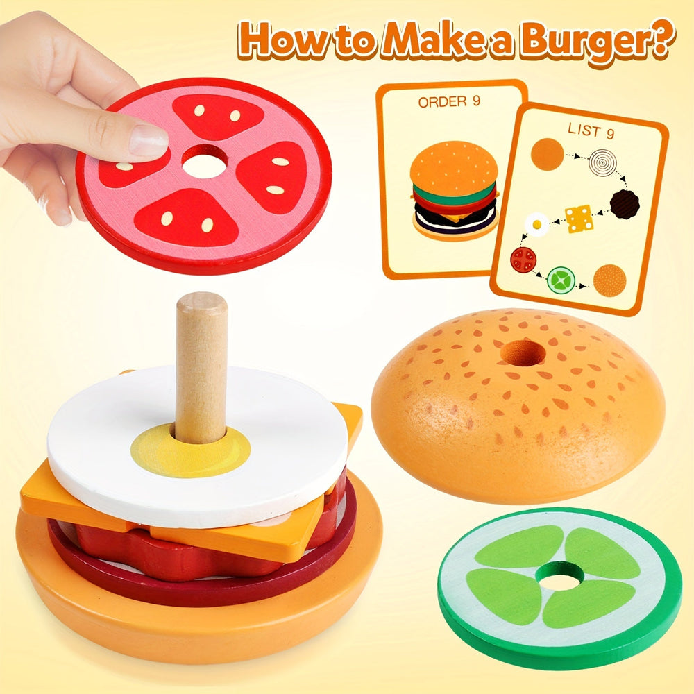 BurgerStacker Montessori Houten Stapelspel – Creatief & Educatief Speelgoed voor Kinderen vanaf 3 jaar, Ontwikkelt Fijne Motoriek en Probleemoplossend Vermogen