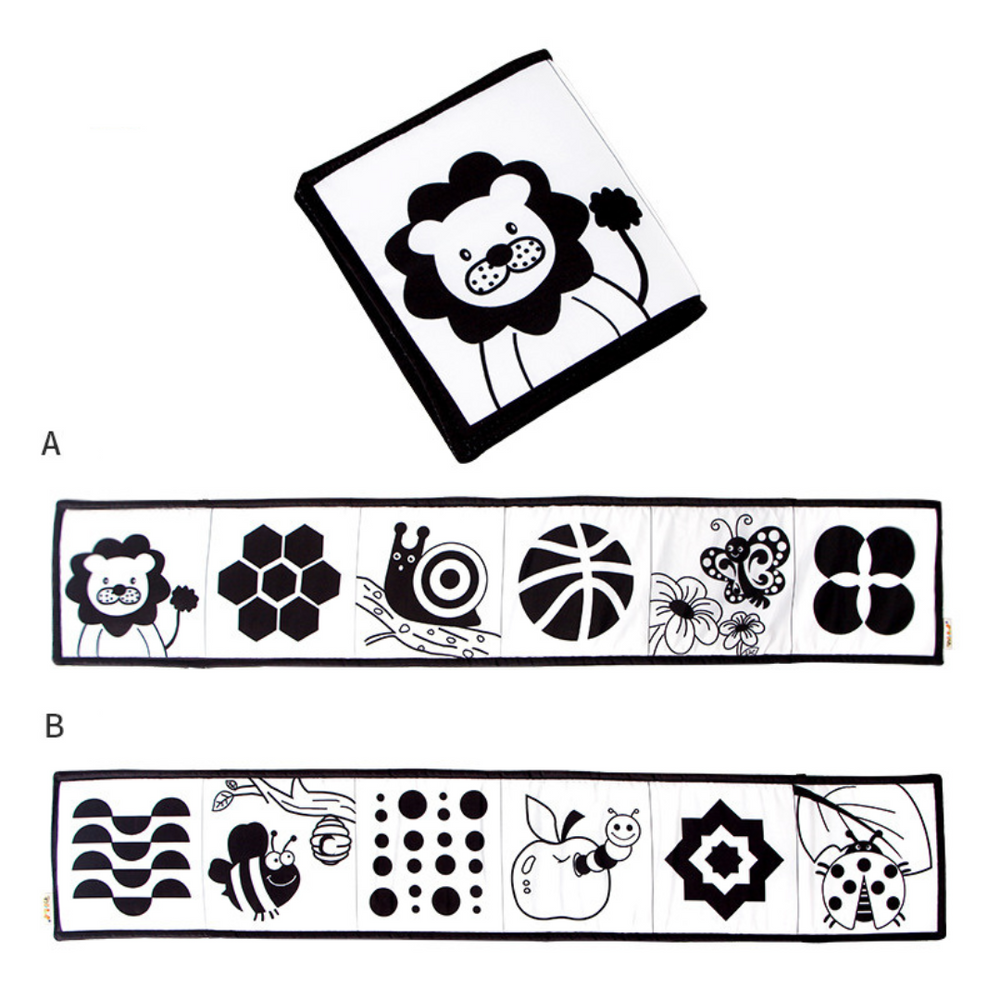 Contrastboek voor baby's in zwart-wit-rood – zachte stof, vanaf geboorte | Montessori kijkboek
