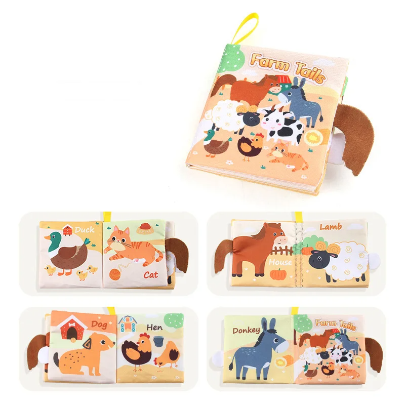 Stoffen babyboekje met staartjes – geluidjes, katoen, 15x14 cm | sensorisch speelgoed