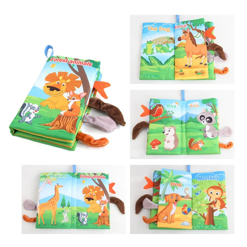 Stoffen babyboekje met staartjes – geluidjes, katoen, 15x14 cm | sensorisch speelgoed