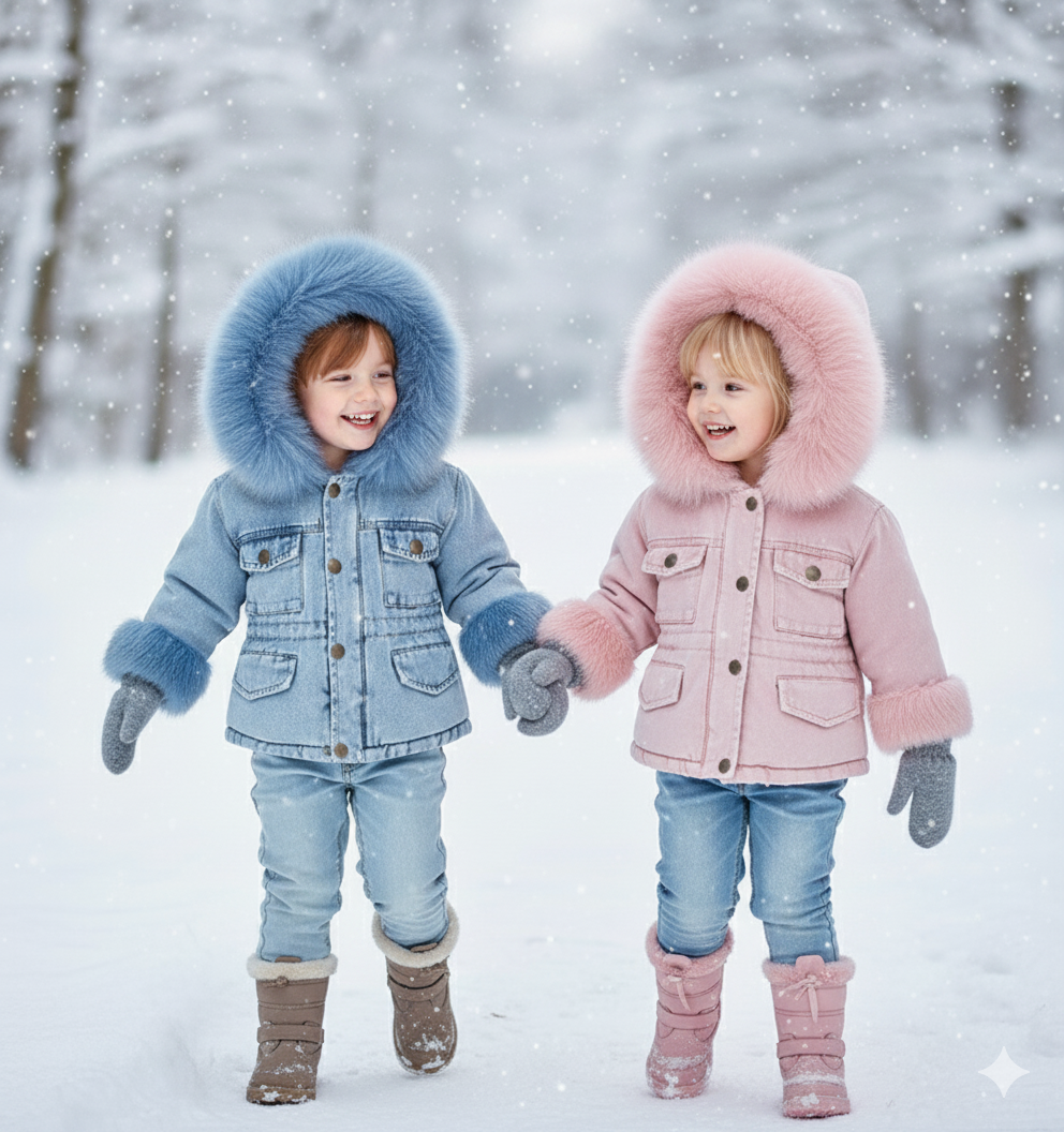 Warme Meisjes Denim Winterjas met Capuchon – AuroraCloud