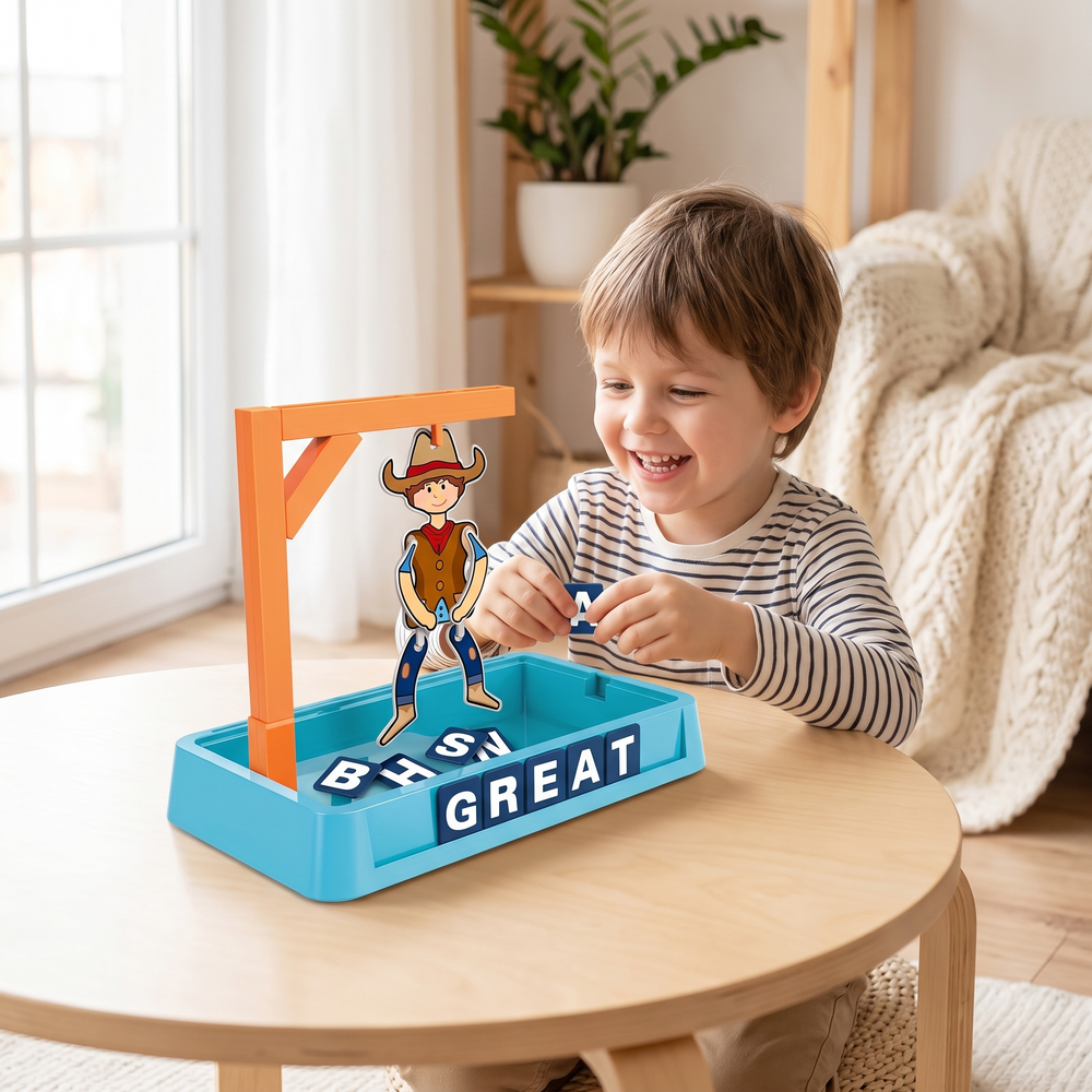 Kind speelt cowboy galgje woordspel in een lichte Scandinavische woonkamer