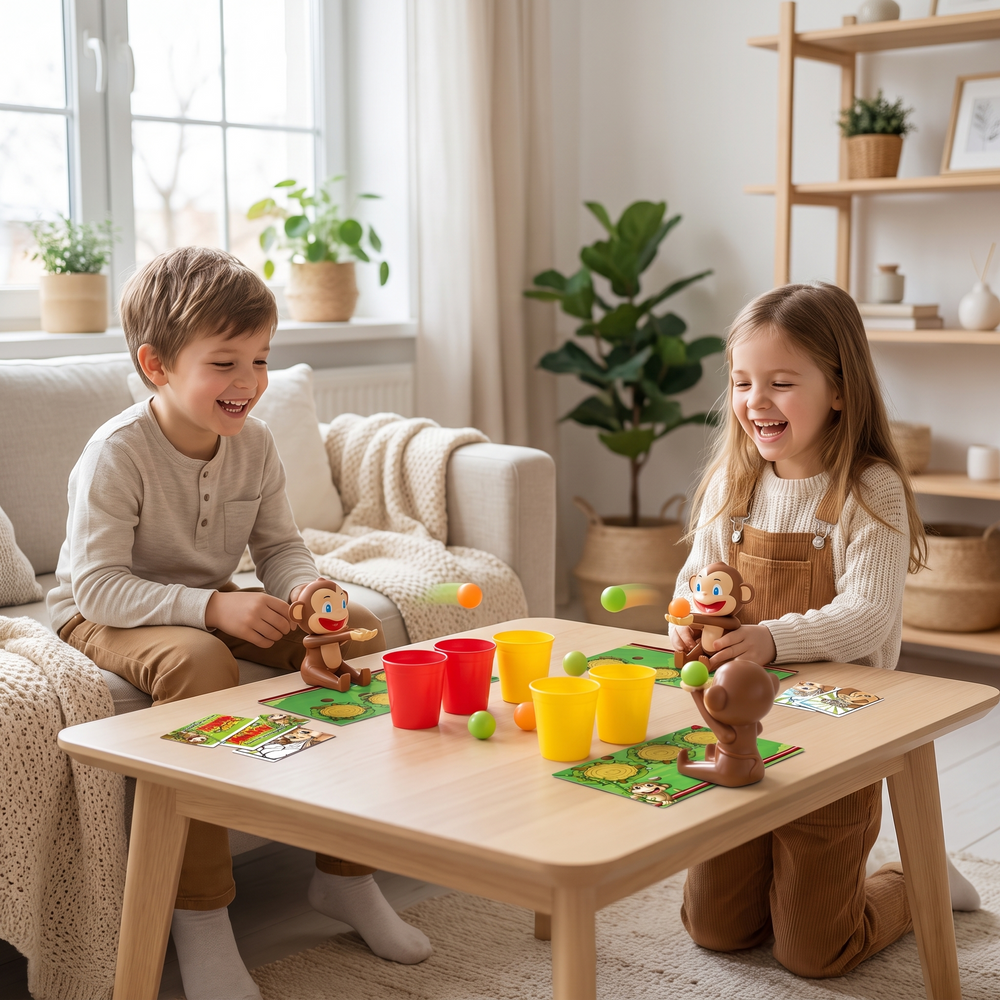 Kinderen spelen tafelkatapult spel in een lichte Scandinavische woonkamer
