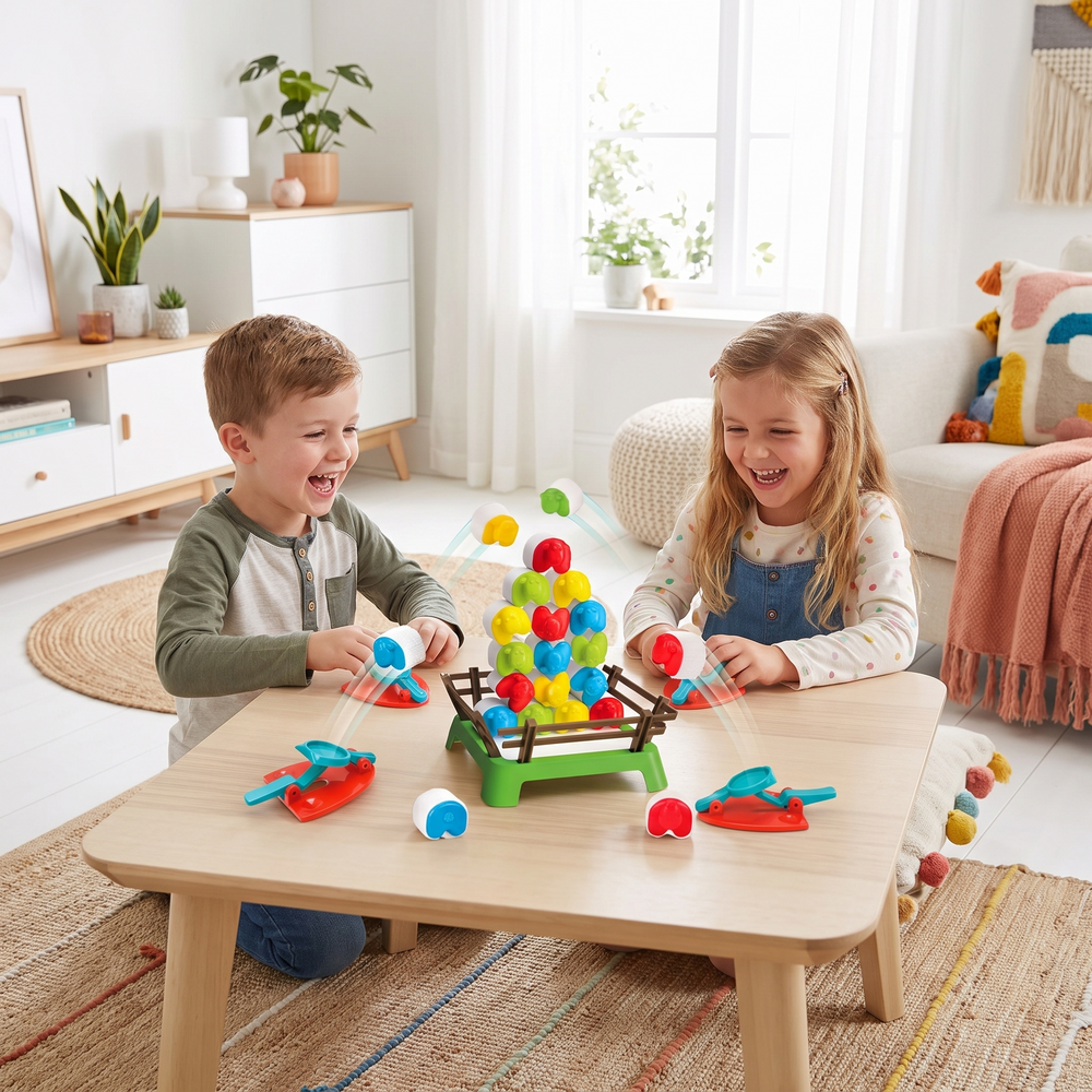 Kinderen spelen springende schapen bordspel in een lichte Scandinavische woonkamer