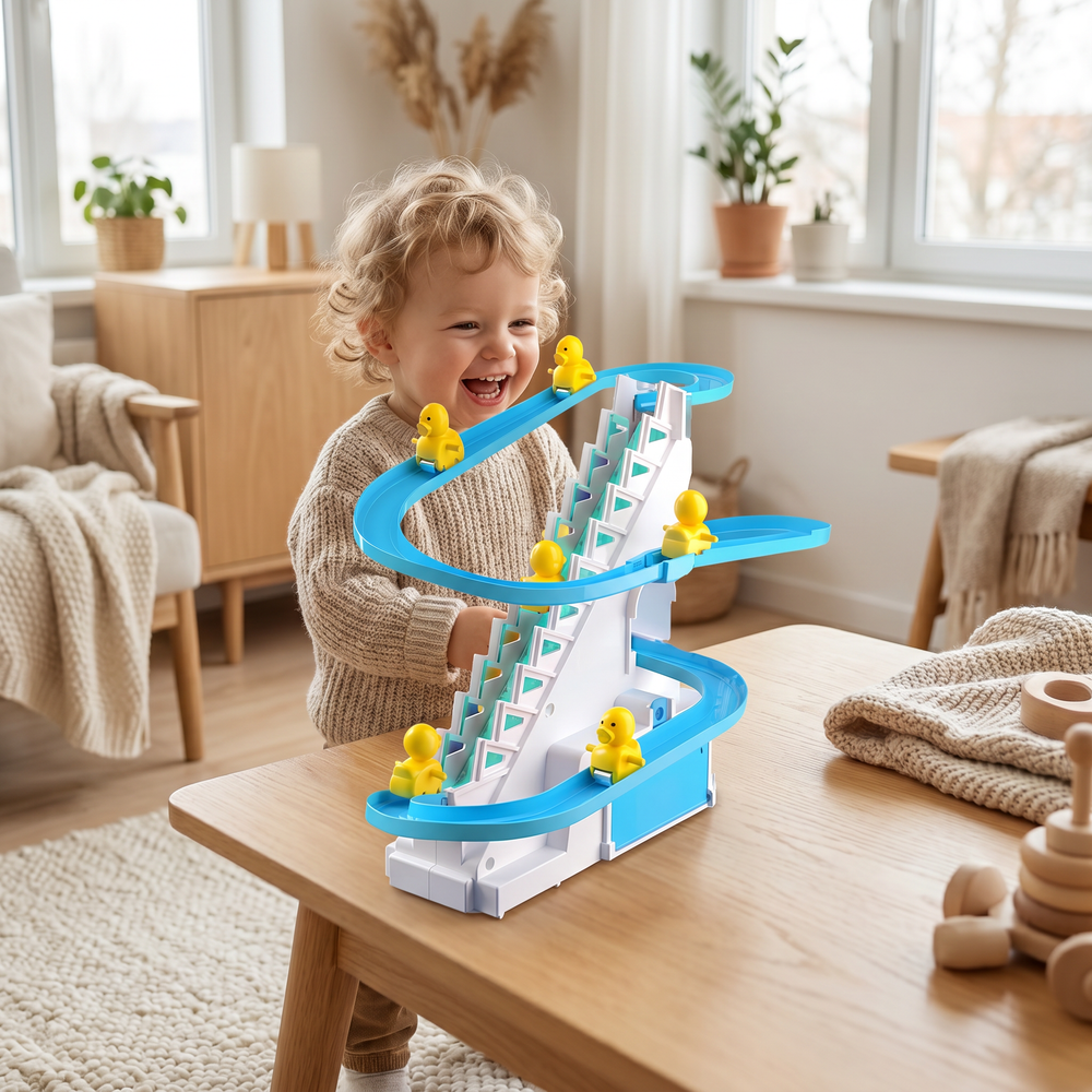 Kind speelt met dansende eenden parcours in een lichte Scandinavische woonkamer
