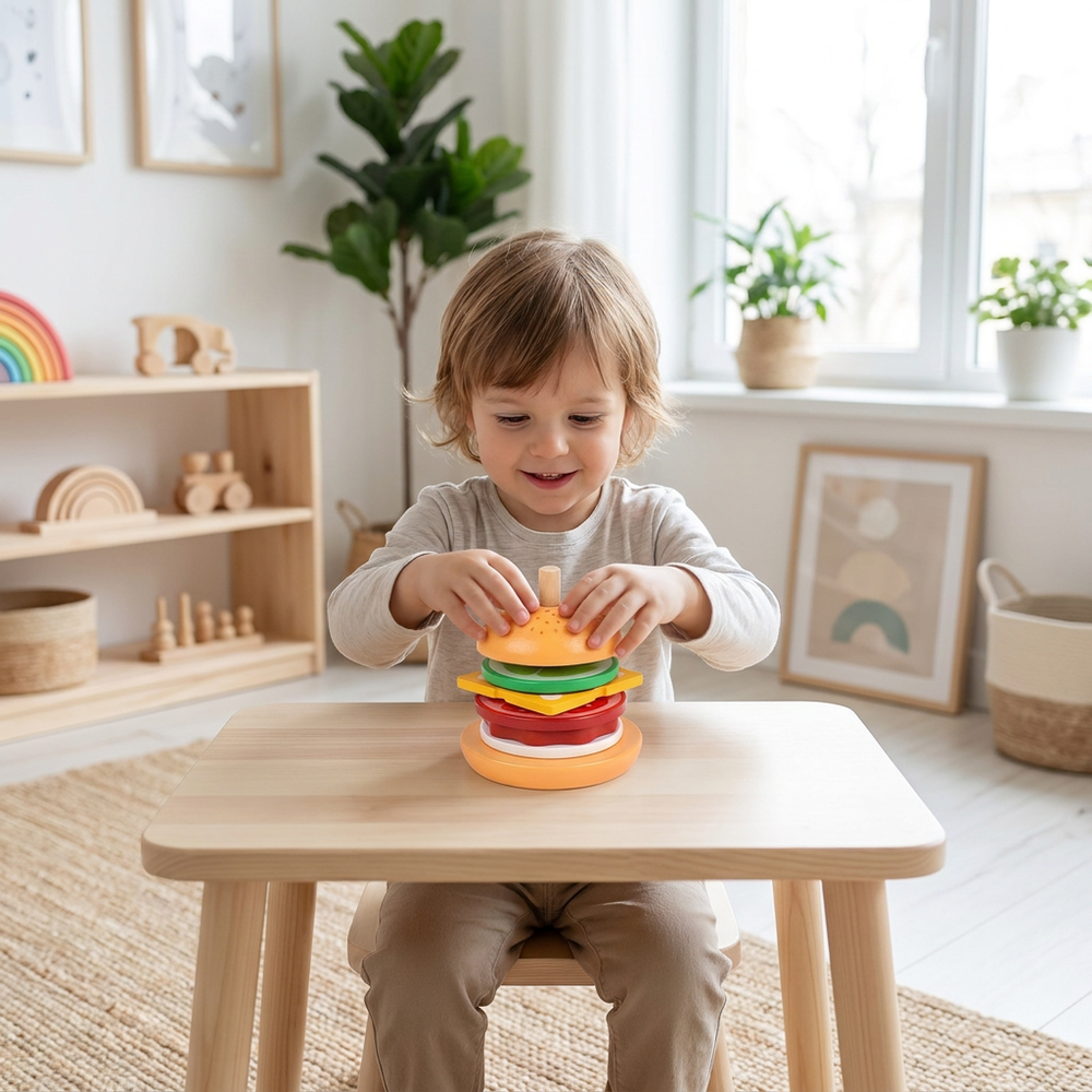 Houten Montessori Stapelspeelgoed Hamburger – Educatief Stapel- en Sorteerspel