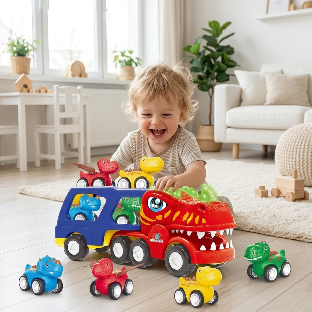 5-in-1 Dinosaurus Vrachtwagen Speelset – Transporttruck met Licht, Geluid & Mini Dino's