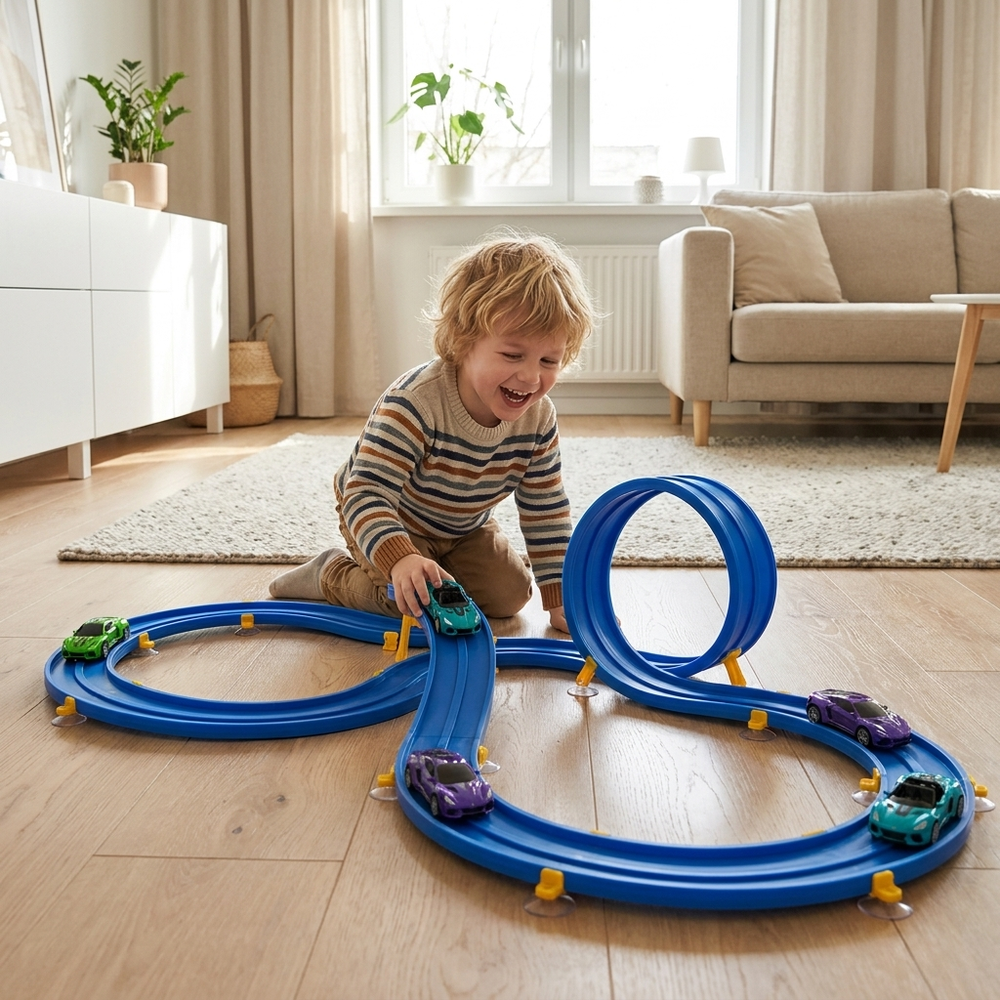 Flexibele Racebaan voor Kinderen – 395 cm met Push-and-Go Raceauto's & Obstakels