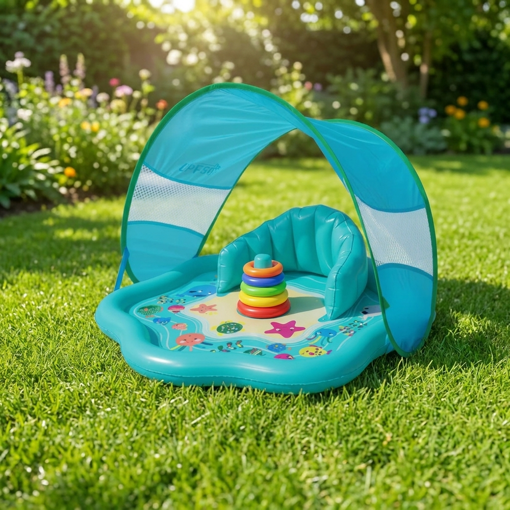 Baby Zwembad met Zonnescherm (UPF 50) – Opblaasbaar Waterspeelbad met Stapelringen