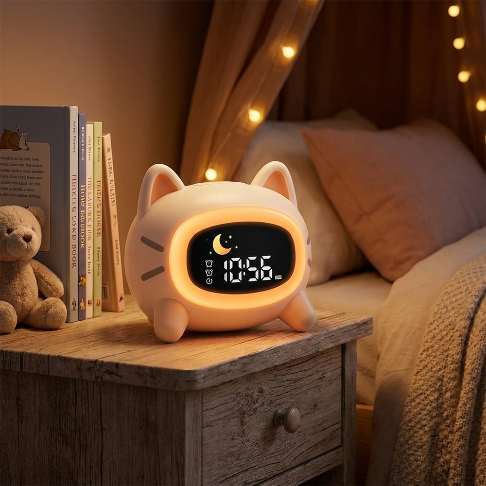 Digitale slaaptrainer en wekker met witte ruis – kattenklok met nachtlamp