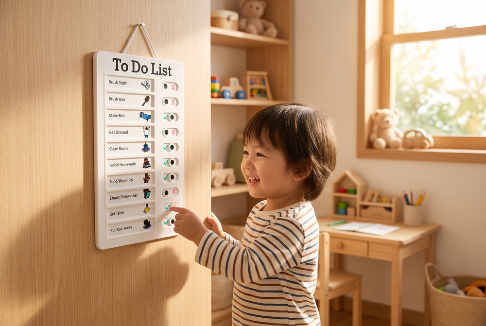 Takenbord voor Kinderen – Verstelbaar Beloningsbord met Schuifjes en Vervangbare Kaarten