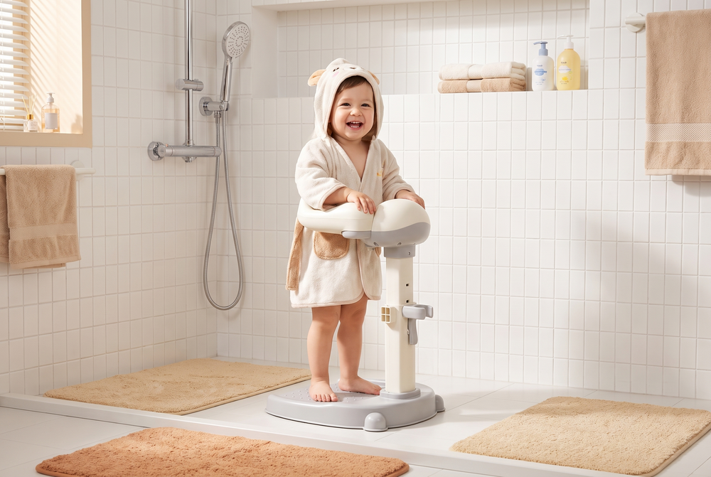 Baby Douchestandaard met Antislip en Krukje – Verstelbaar, Grijs