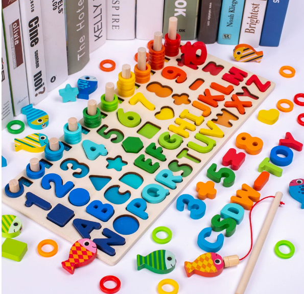 Montessori Houten Speelbord – Educatief Sensorisch Speelgoed van Beukenhout | Leren Rekenen, Alfabet & Visjes Vangen voor Kinderen 2+