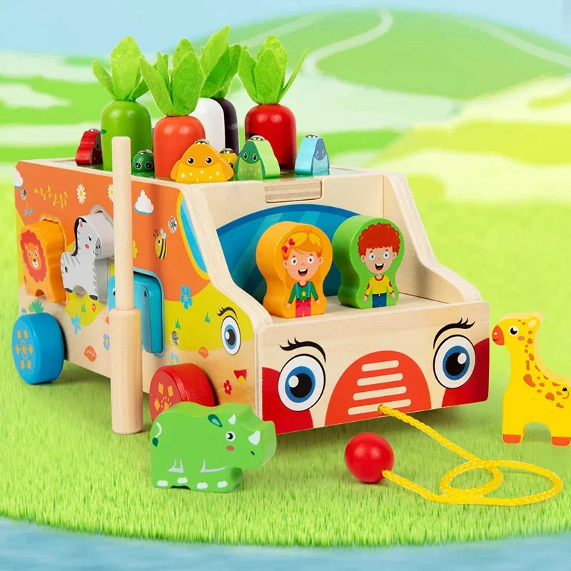 Houten trekwagen met dierenvormen, magnetisch hengelspel en sorteerblokken, montessori activiteitenspeelgoed voor peuter
