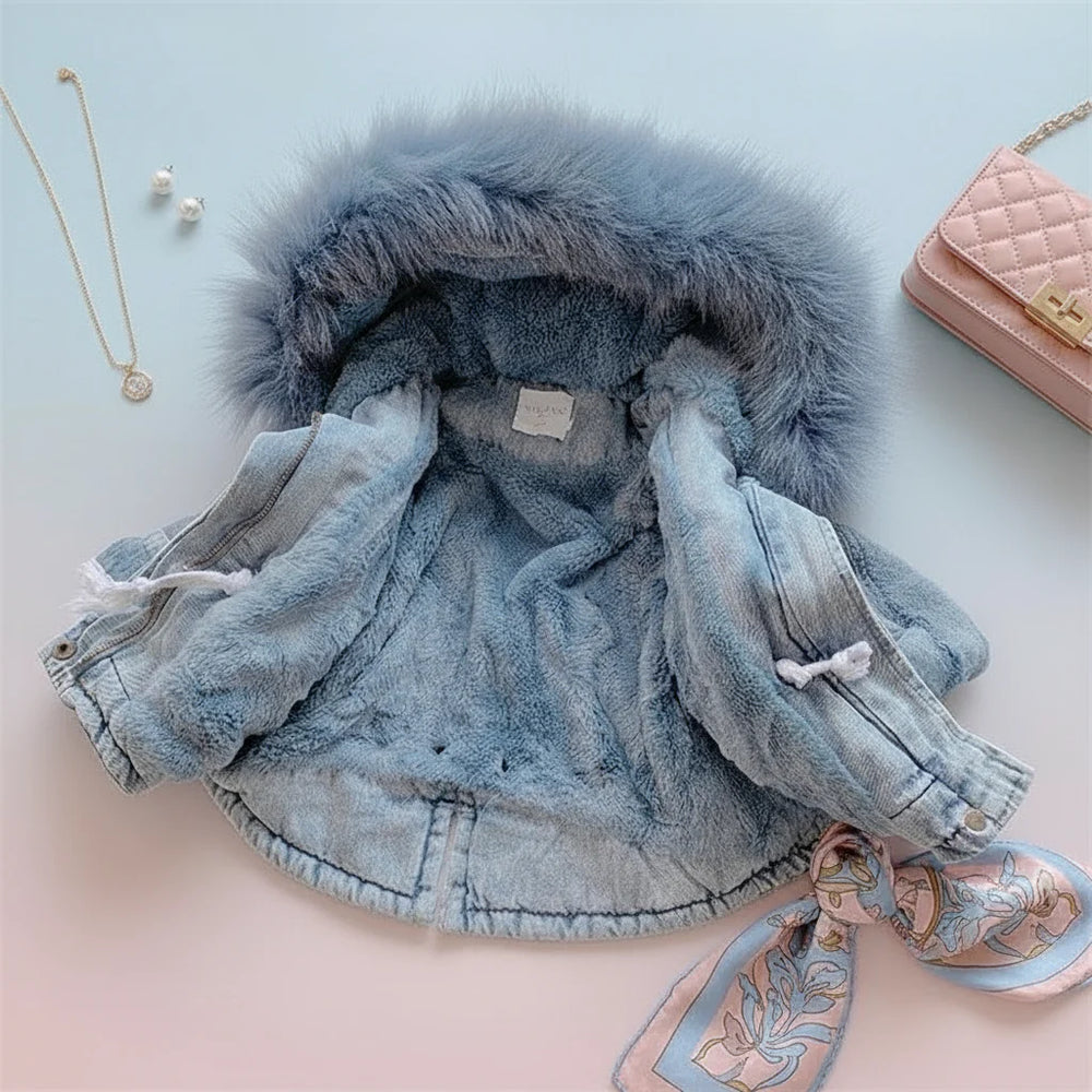 Warme Meisjes Denim Winterjas met Capuchon – AuroraCloud