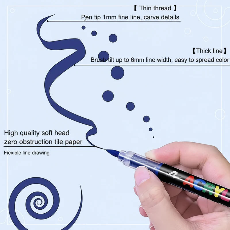 Acrylmarkers met flexibele penseelpunt voor glas, keramiek, steen, hout en papier, sneldrogende inkt op waterbasis