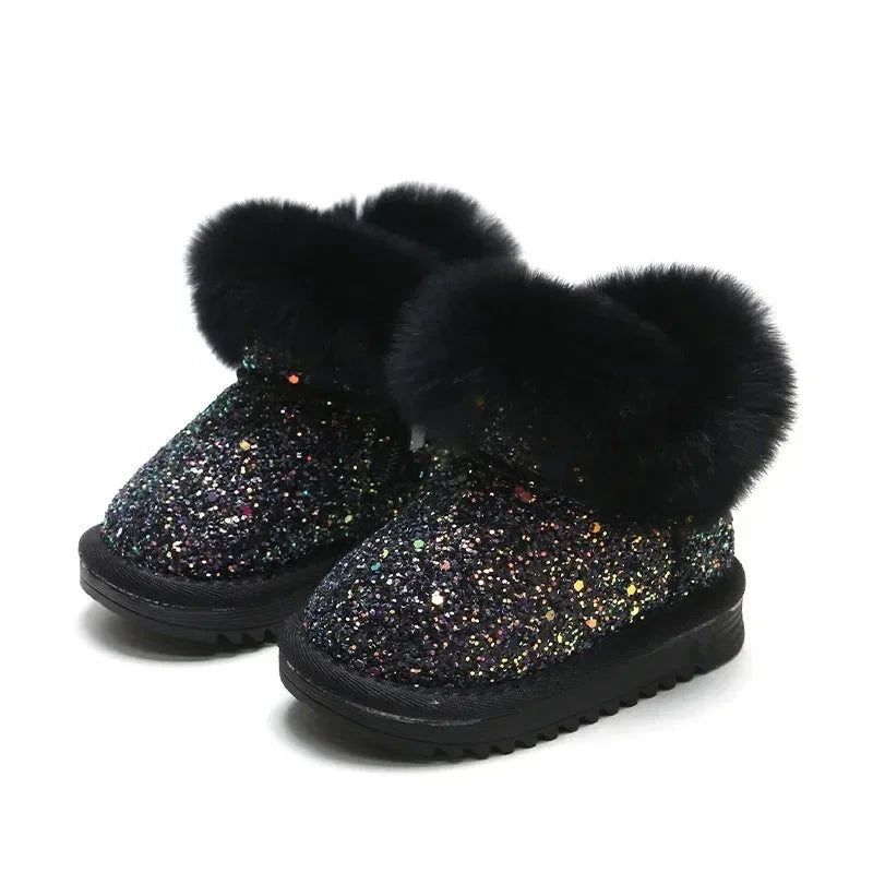 Glitter winterlaarzen kinderen met warme voering – imitatiebontrand, TPR-zool | snowboots