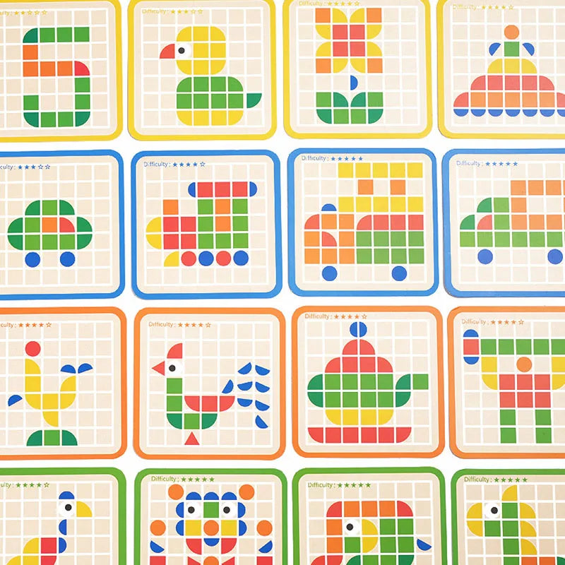 Houten mozaïekpuzzel met 120 stukjes – 20 dubbelzijdige kaarten | patronenpuzzel Montessori