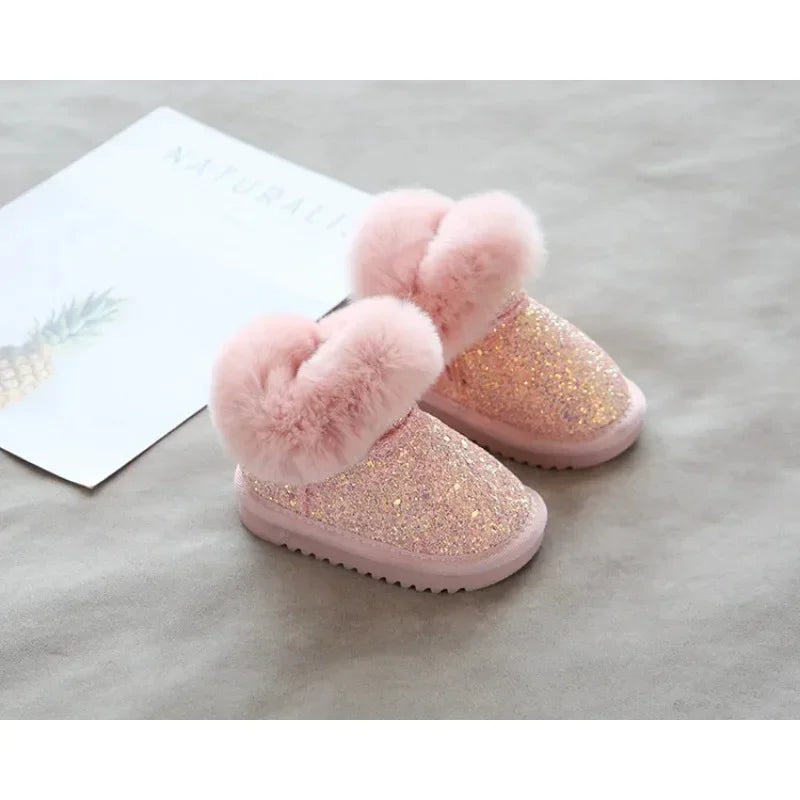 Glitter winterlaarzen kinderen met warme voering – imitatiebontrand, TPR-zool | snowboots