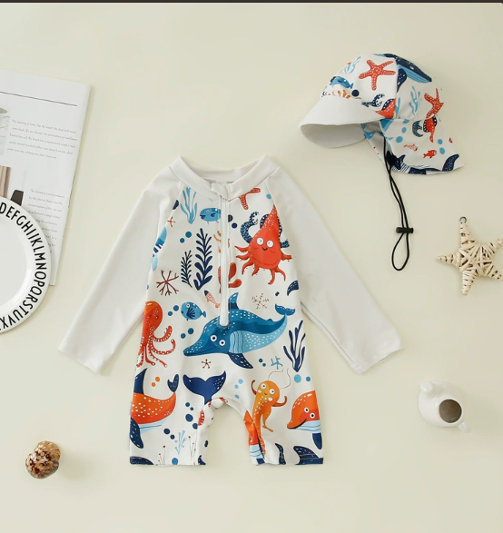 Jongens UV Zwempak Haai Print met Zonnehoed – Lange Mouwen | 0-5jr