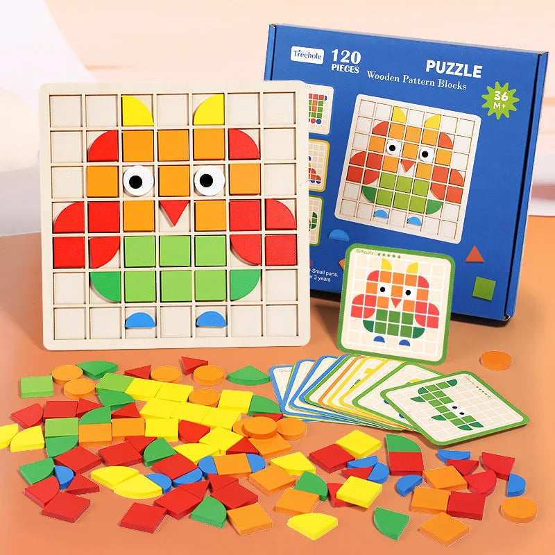 Houten mozaïekpuzzel met 120 stukjes – 20 dubbelzijdige kaarten | patronenpuzzel Montessori