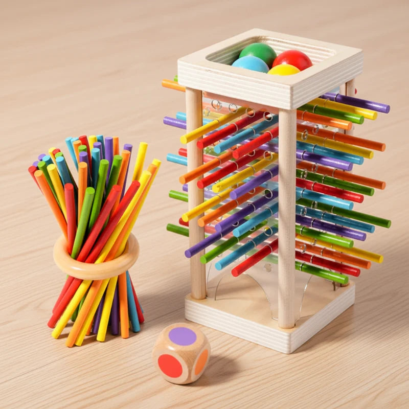 Stokjesspel van hout met kleurendobbelsteen – toren of ring, 2 of meer spelers | behendigheidsspel