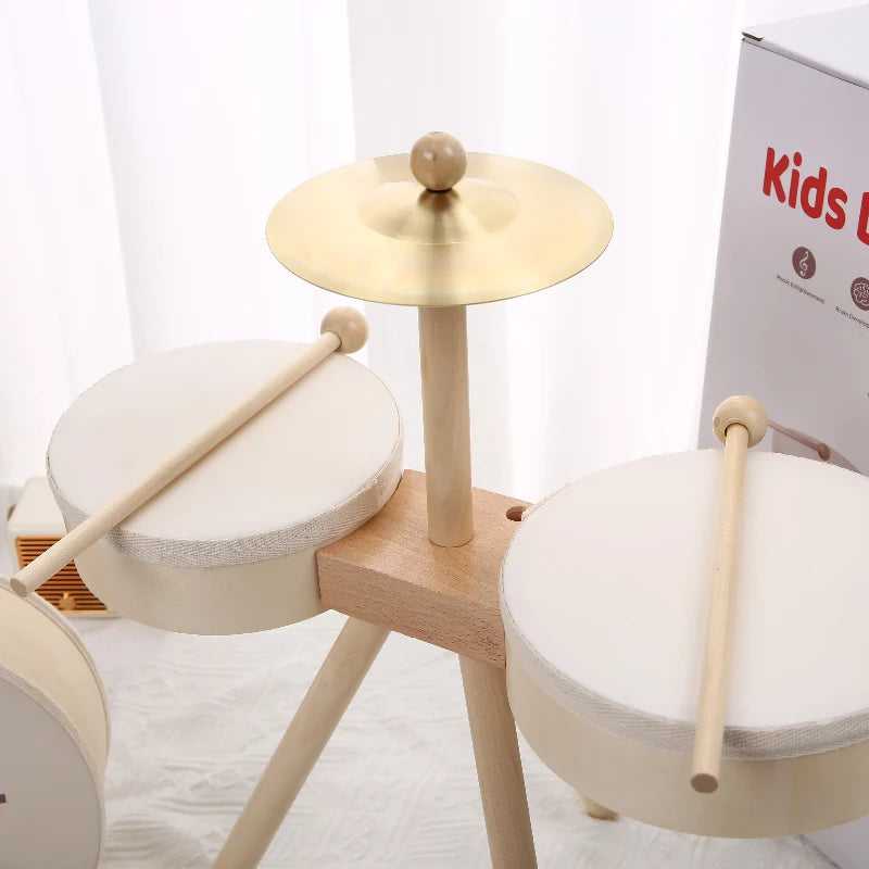 Houten drumstel met bekken en xylofoon – 5 instrumenten, beukenhout | muziekspeelgoed