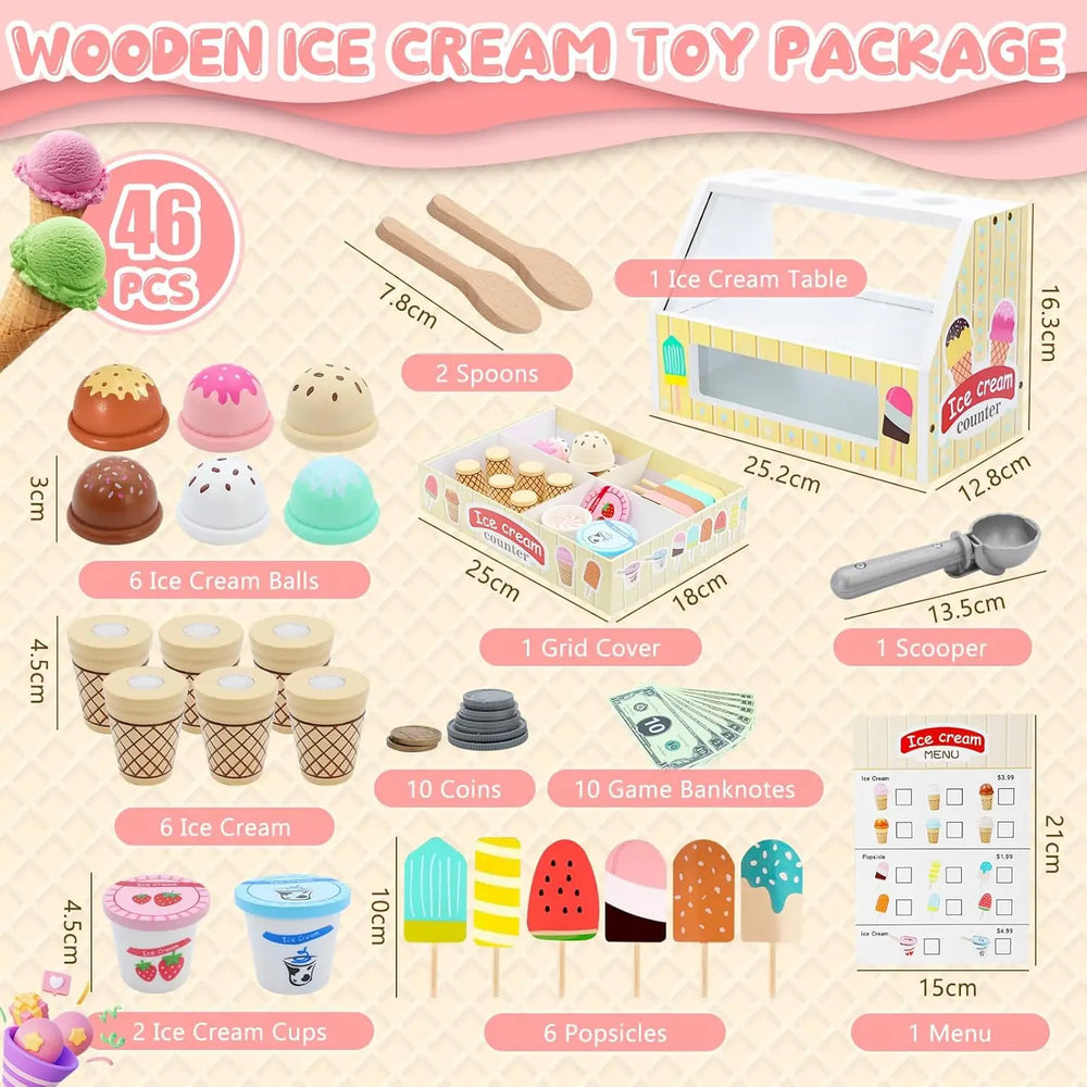 Playvero Count & Scoop Ice Bar – Educatieve Houten IJsjes Speelset met Geld en Rollenspel