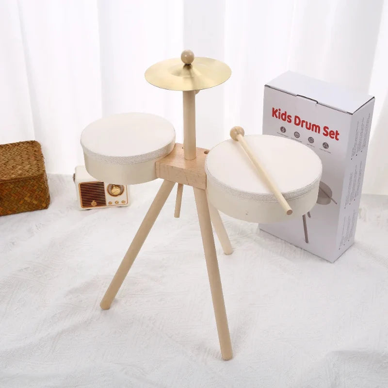 Houten drumstel met bekken en xylofoon – 5 instrumenten, beukenhout | muziekspeelgoed