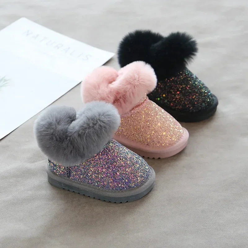 Glitter winterlaarzen kinderen met warme voering – imitatiebontrand, TPR-zool | snowboots