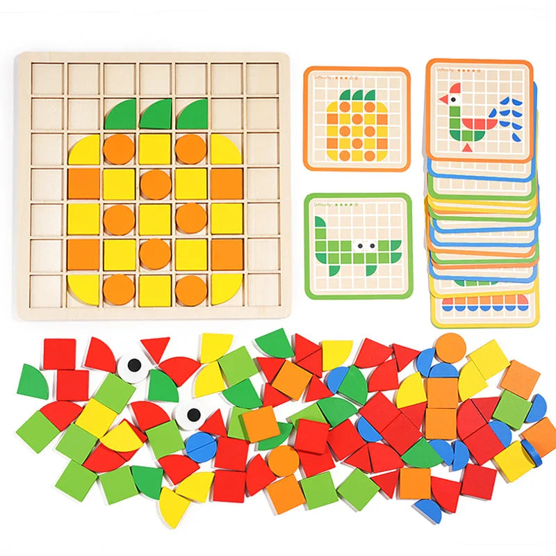 Houten mozaïekpuzzel met 120 stukjes – 20 dubbelzijdige kaarten | patronenpuzzel Montessori