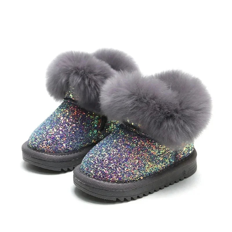 Glitter winterlaarzen kinderen met warme voering – imitatiebontrand, TPR-zool | snowboots