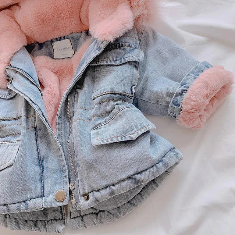 Warme Meisjes Denim Winterjas met Capuchon – AuroraCloud