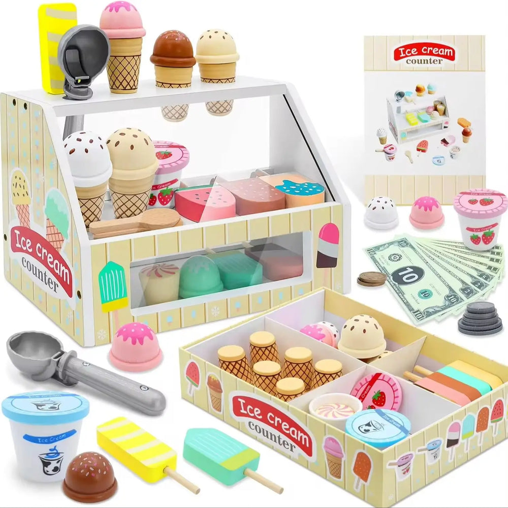 Playvero Count & Scoop Ice Bar – Educatieve Houten IJsjes Speelset met Geld en Rollenspel