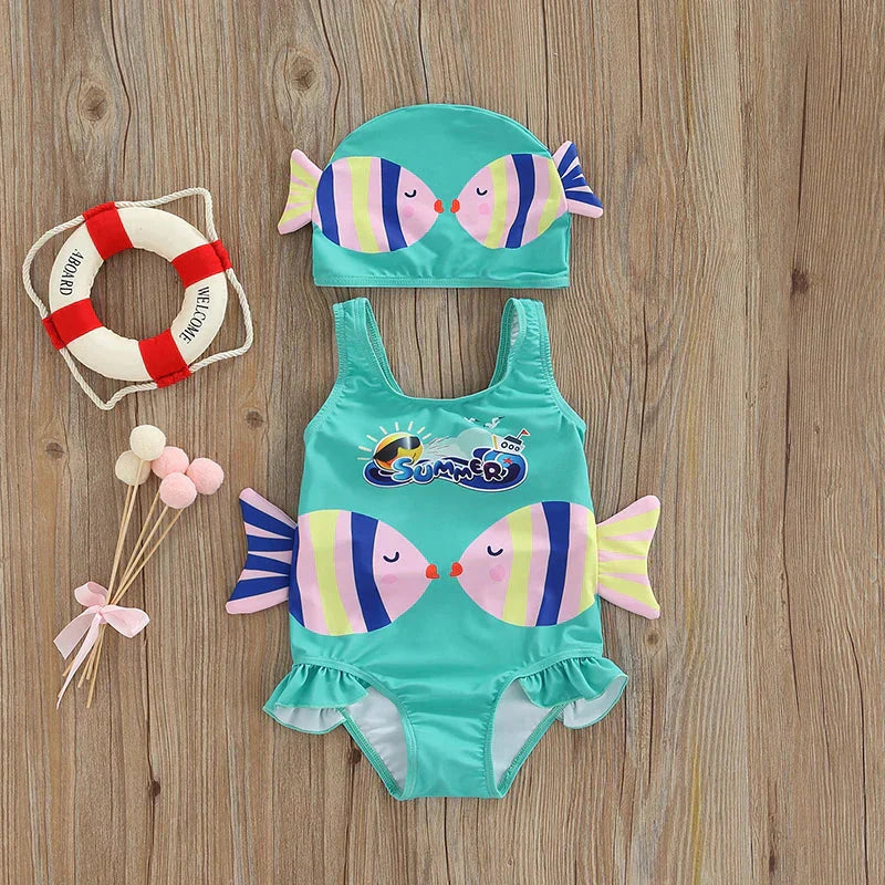 Zacht & Sneldrogend Meisjes Badpak met Zwemcap – Comfortabel & Speels Design | SunnySplash Zwemset 0-4 Jaar