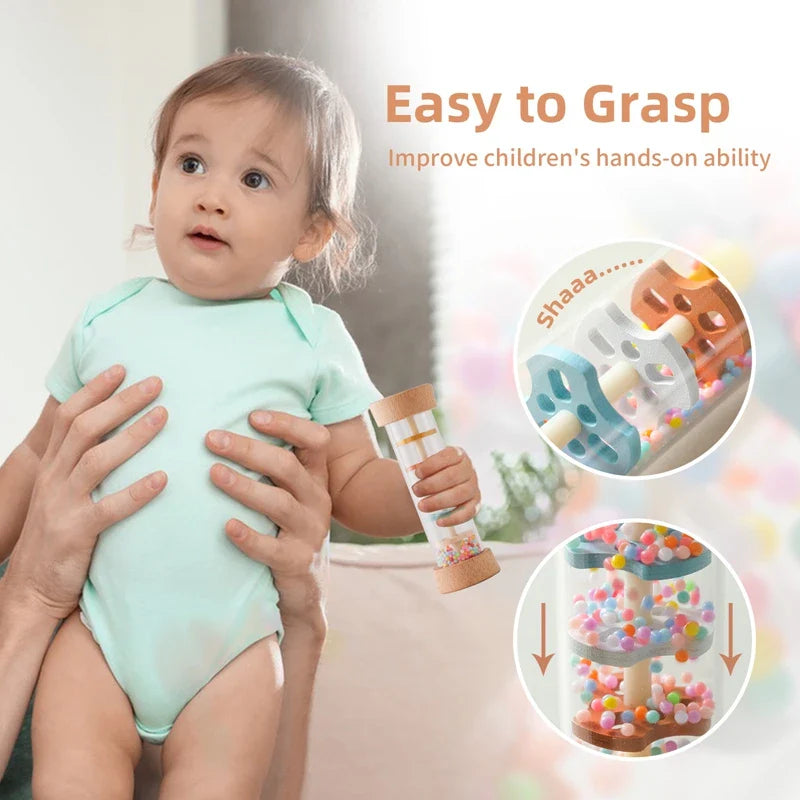 Nobira Baby LumiDrip Geluidsstaf – Houten Sensorisch Babyspeelgoed met Regenachtig Geluid en Kleuren