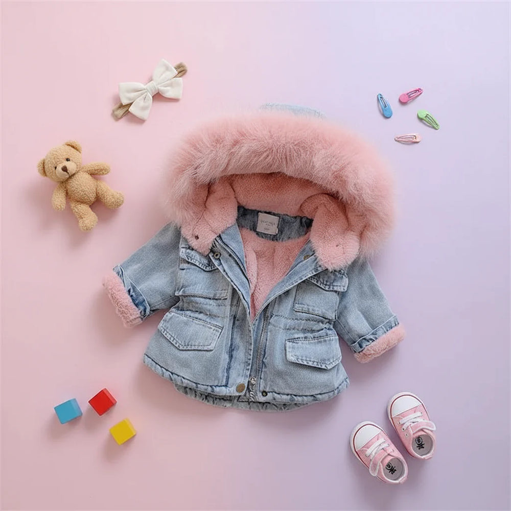Warme Meisjes Denim Winterjas met Capuchon – AuroraCloud