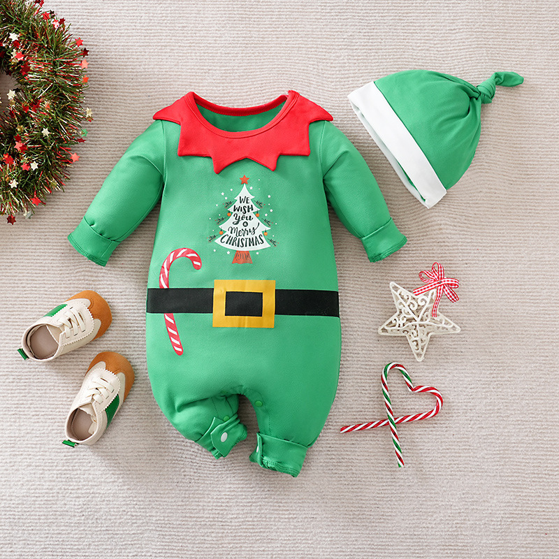 Kerstromper katoen met lange mouwen en drukknopen – kerstman- of rendierprint | kerstpakje baby