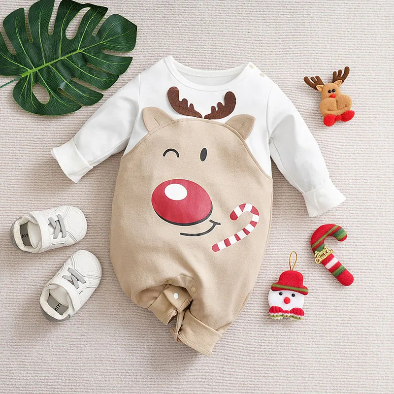 Kerstromper katoen met lange mouwen en drukknopen – kerstman- of rendierprint | kerstpakje baby
